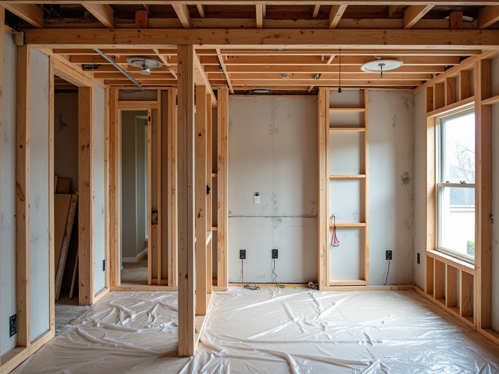 Interior renovation project mid-demolition showing temporary support walls, exposed electrical wires and plumbing, an LVL beam ready for installation, and a partially demolished kitchen under professional LED work lights.