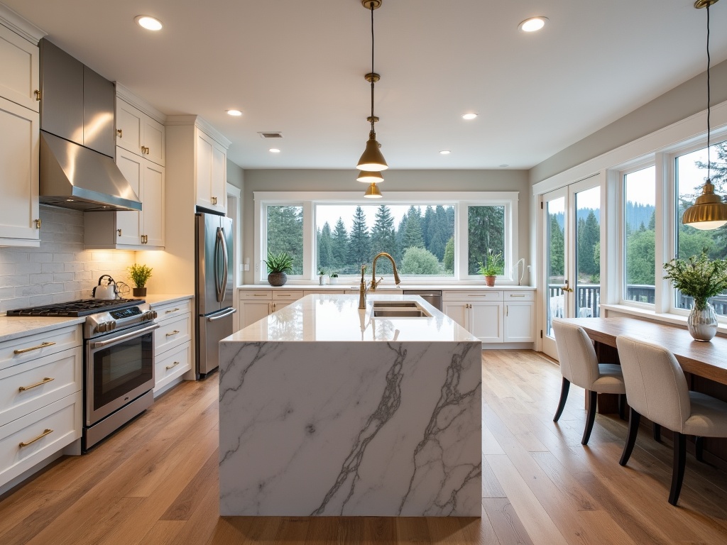 Luxury kitchen interior with white shaker-style cabinets, quartz countertops, stainless steel appliances, hardwood flooring, and large windows showcasing Oregon landscape.