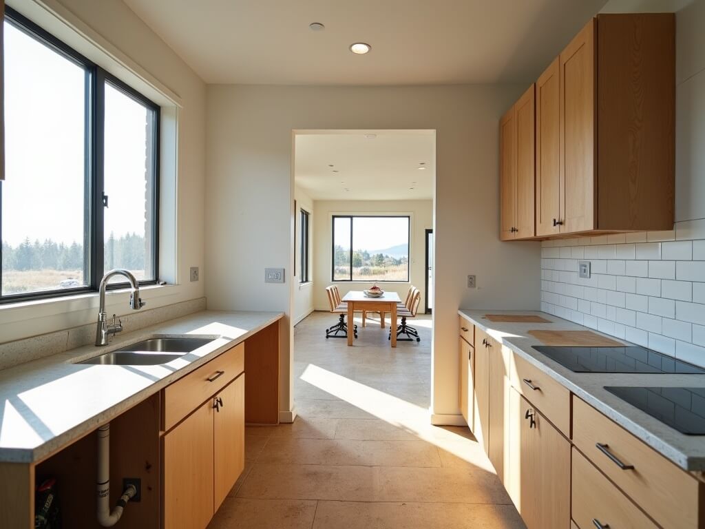 Partially renovated open-concept kitchen with unfinished cabinetry and recessed lighting installation in NW Crossing, Oregon, highlighting the progress of a professional remodel project.