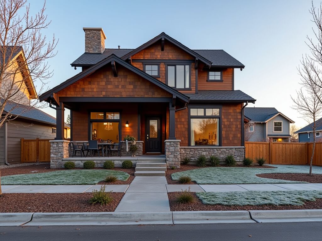 Northwest Crossing Craftsman-style home with cedar siding and updated landscaping in front, with Detached Accessory Dwelling Unit in the backyard, captured in golden hour light, showcasing distinctive elements of modern renovation and regional architectural charm.