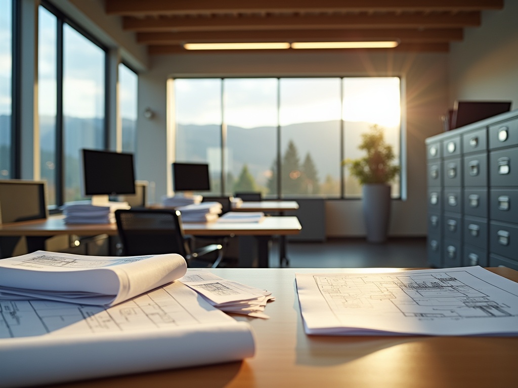 Professional photo of a modern permit office in Bend, Oregon, featuring organized desks, digital permit forms on computers, architectural drawings, filing cabinets and documents on warm wood surfaces.