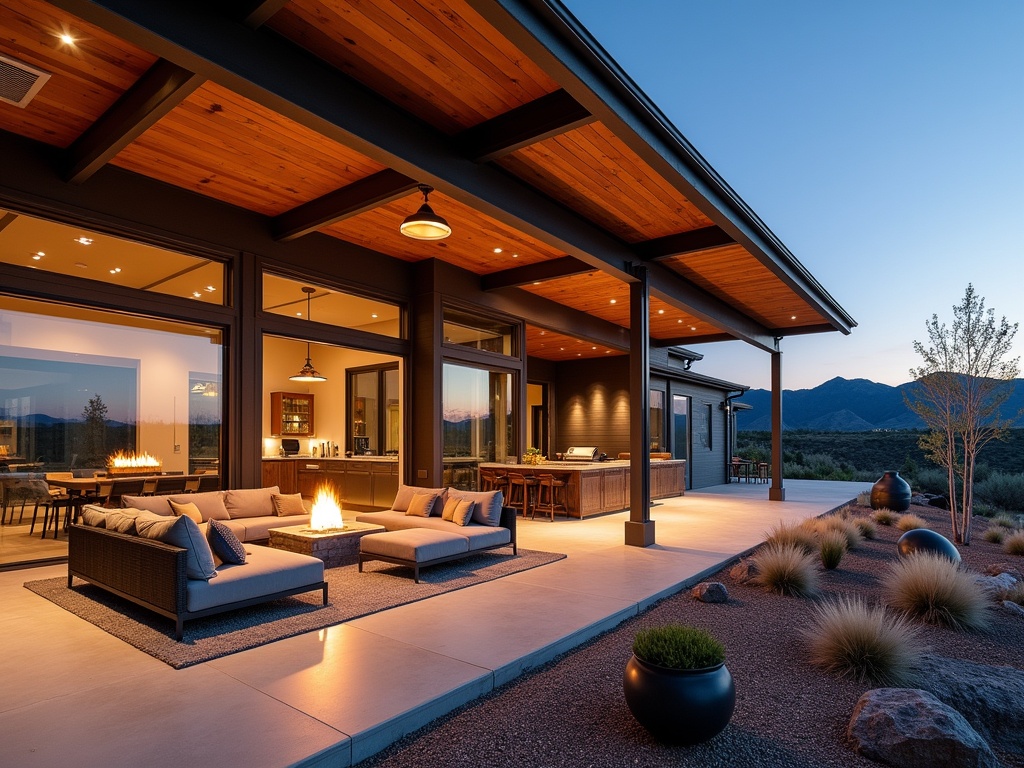 Expansive four-season outdoor living space with sectional seating, fire feature, outdoor kitchen, and radiant heated flooring, seamlessly connected to a contemporary home in a Central Oregon high desert setting.