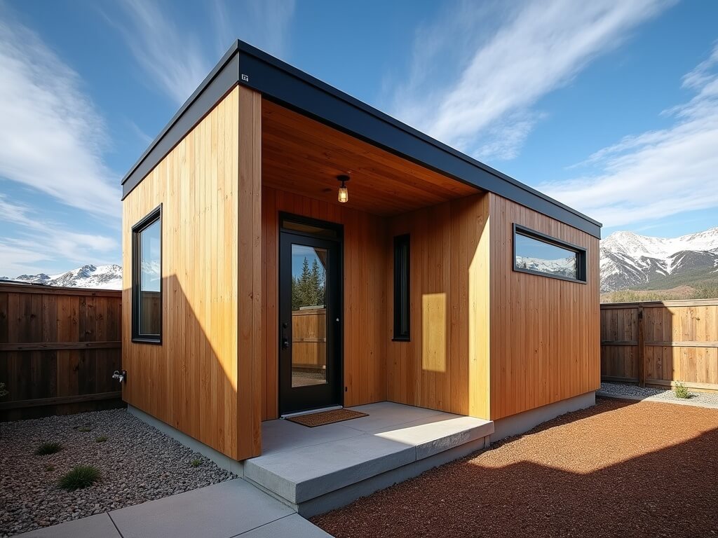Modern detached ADU with cedar cladding in a spacious backyard in Redmond, Oregon, mid-morning light casting shadows on the facade, distant view of the Cascades.