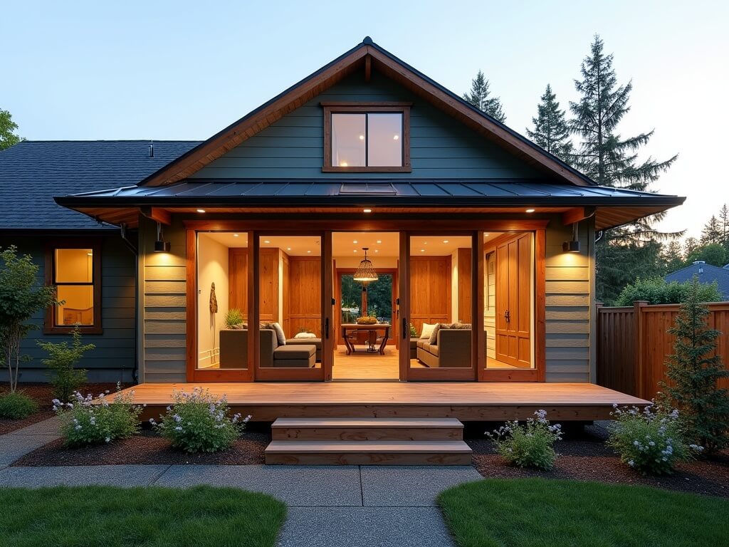 Newly constructed master suite addition blending seamlessly with existing Craftsman-style home in golden hour light, featuring cedar window frames, moss green siding, metal roof, and landscaped backyard.