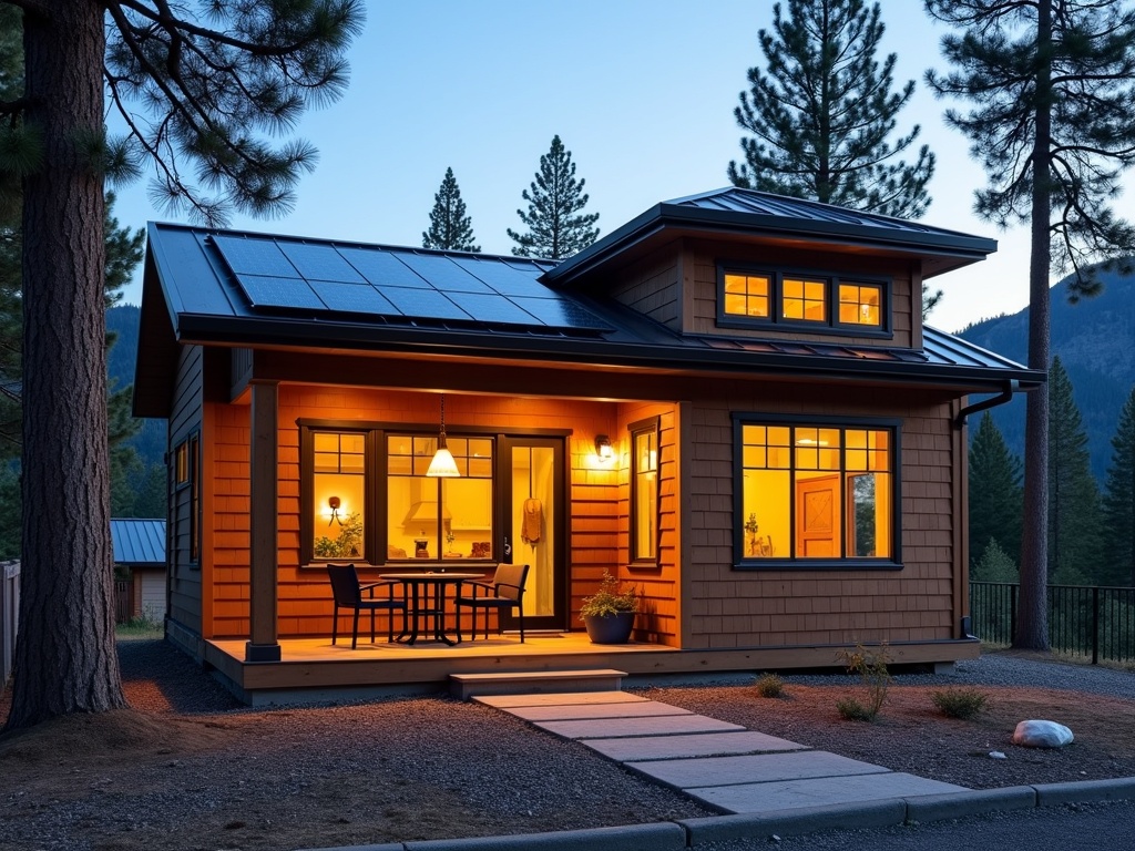 Modern 400-square-foot ADU with cedar shake siding and roof solar panels behind a craftsman house in Central Oregon, framed by trees and with Cascade Mountains in the background, captured during golden hour.