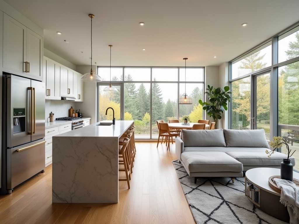 Modern ADU kitchen and living area with white shaker-style cabinets, quartz countertops, stainless steel appliances, grey sectional sofa, and natural oak flooring, captured in an interior architectural photoshoot.