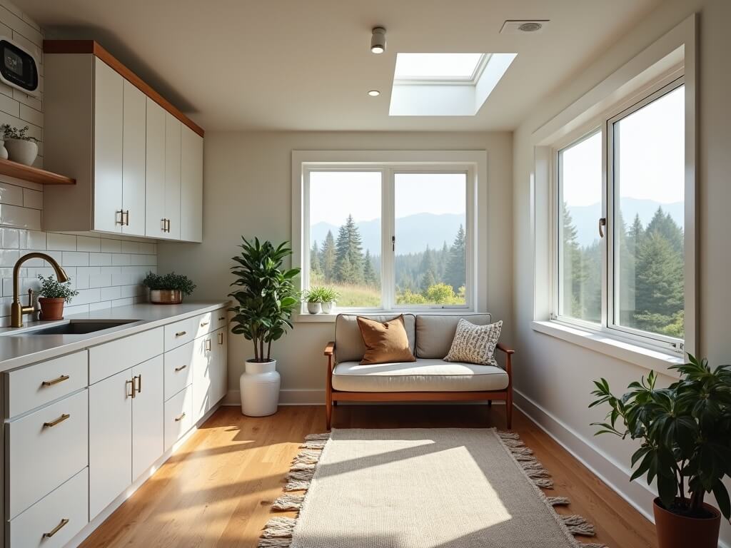 Interior view of a well-lit converted garage ADU in Awbrey Butte, Oregon, showcasing modern finishes, mid-century furniture, and upgraded insulation, with a hint of surrounding nature visible through windows.