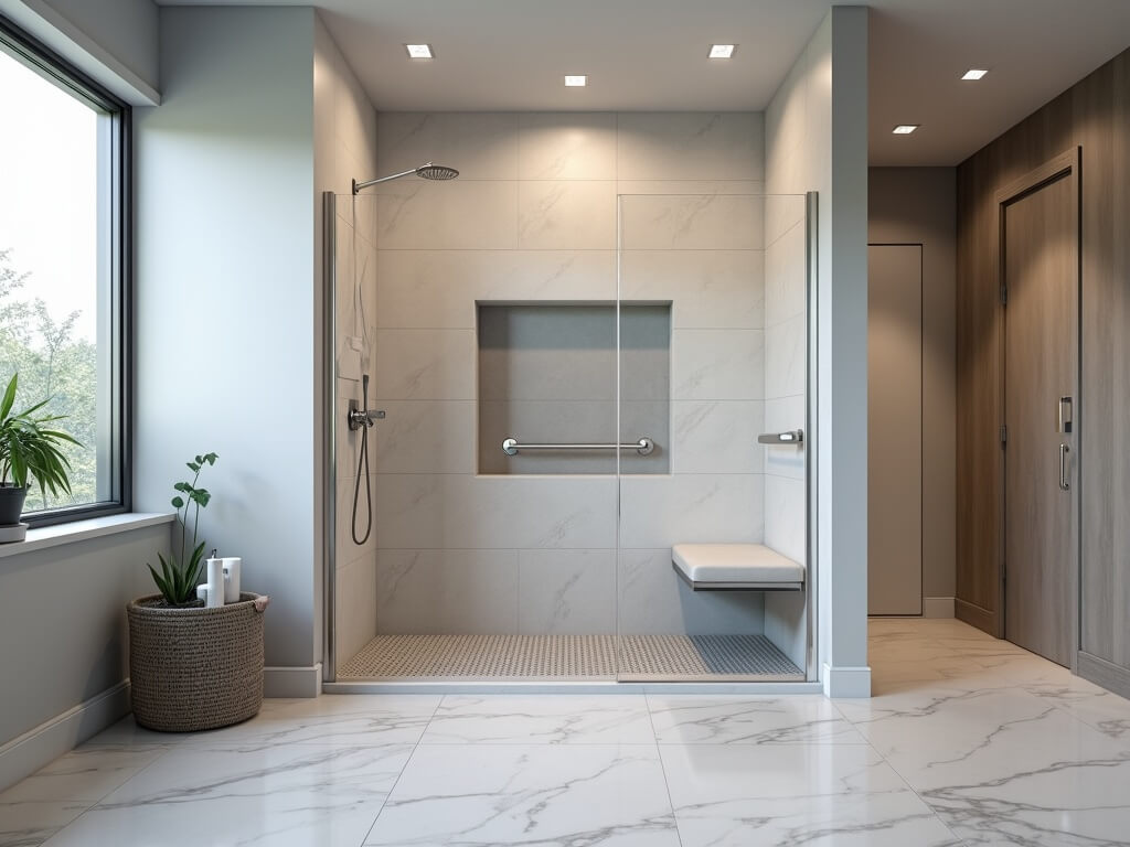 "Modern, barrier-free shower design with seamless Italian marble flooring, non-slip textured floor tiles, built-in bench, grab bars, and linear drain, illuminated by natural and LED light."