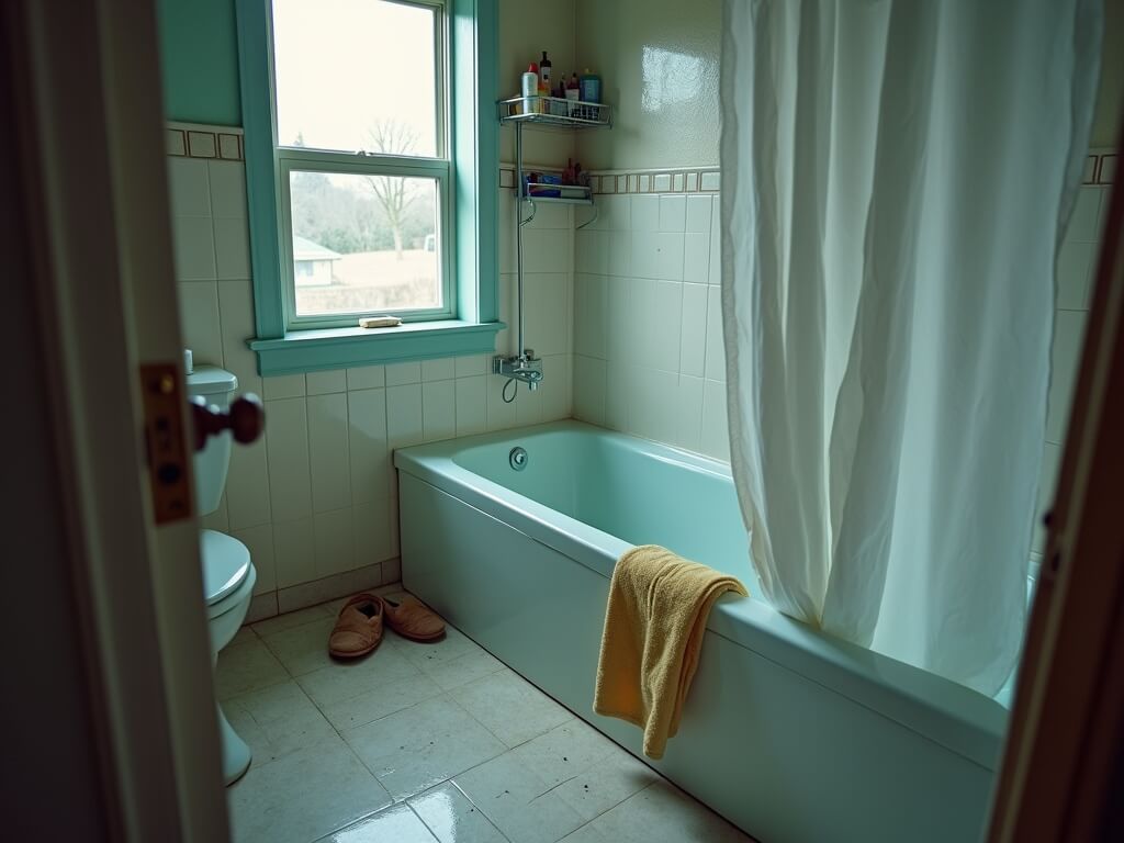Pre-renovation mid-century bathroom highlighting hazards including steep tub edge, slippery tiles, narrow doorway, cluttered toiletries, and loose towel rack suggesting risk for elderly resident.