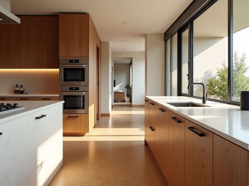 Contemporary kitchen with walnut finish cabinetry, white Silestone countertops, cork flooring, matte black handles, voice-controlled device on counter, LED lighting, and wide hallway entrance, captured in warm afternoon light with a Nikon Z9.