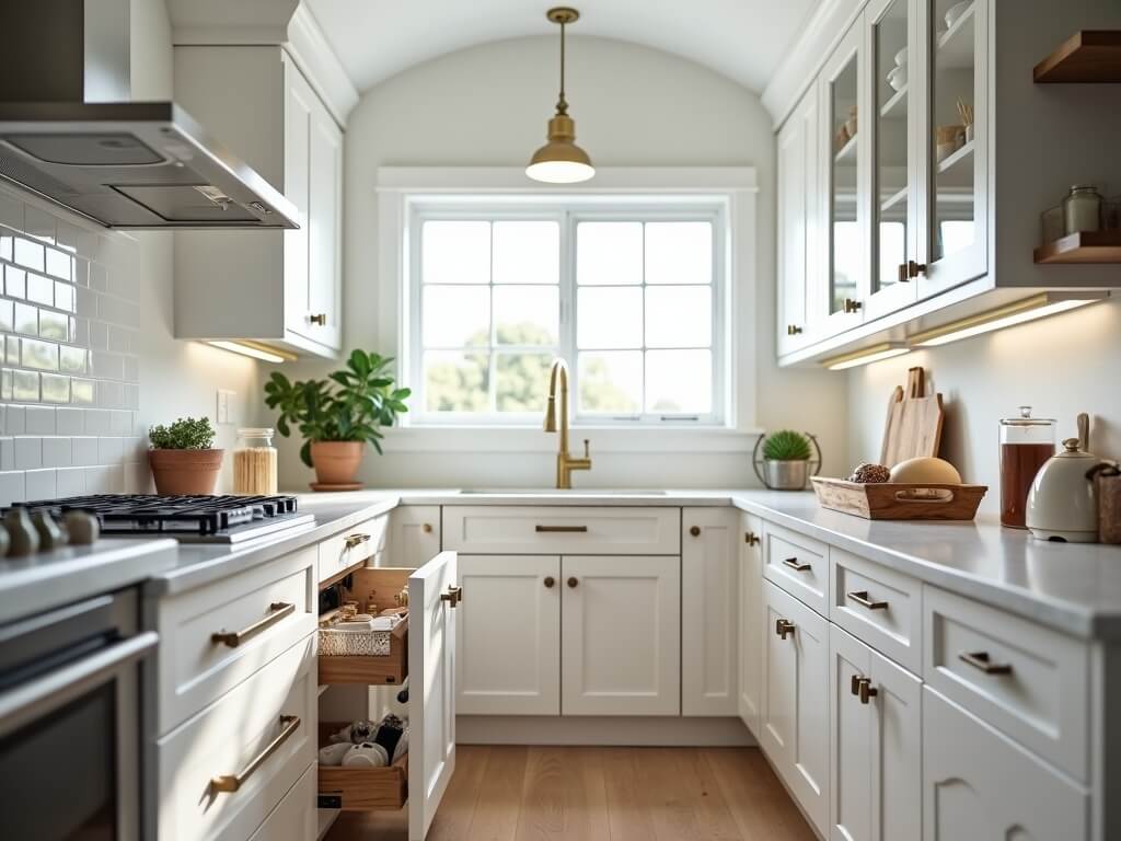 "Modern white kitchen with shaker-style cabinets, quartz countertops, LED lighting, professional-grade range, pull-out spice rack, and island with open shelving under natural daylight."