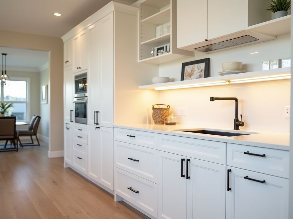 Sleek, minimalist modern kitchen interior with upgraded white lacquered cabinets, white quartz backsplash and countertop, enhanced by soft LED lighting and natural daylight.