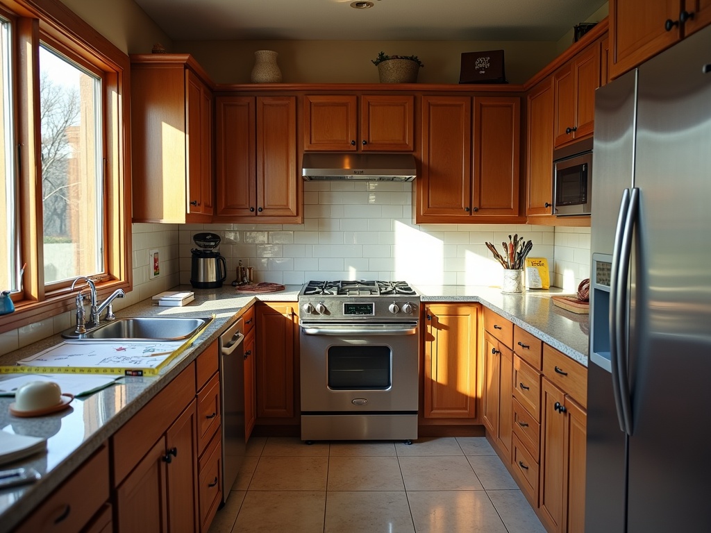 Interior design consultation in progress with measuring tape, design sketches, and fabric samples on kitchen countertops, illustrating the need for a remodel of the aged wooden cabinets and inefficient storage space.