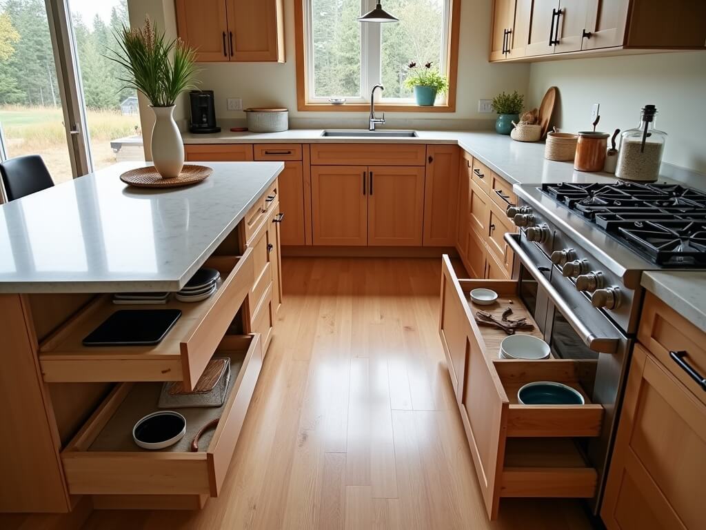 High-end rural kitchen with custom storage features like a charging drawer, pull-out cabinet for cutting boards, toe-kick drawer for pet bowls, and a spice rack. Warm-toned maple cabinetry complements soft gray quartz countertops under soft morning light.
