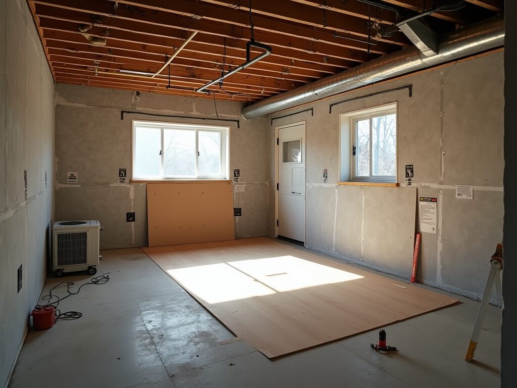 "Basement conversion in progress with exposed ceiling joists, new wiring, egress windows, and construction tools, illuminated by natural and work lights."