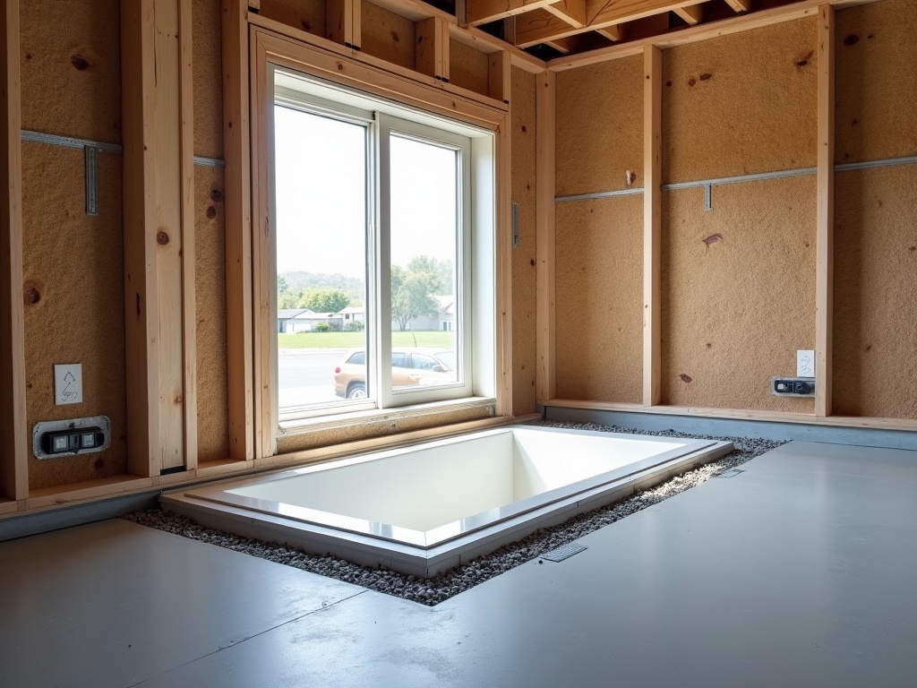 Architectural photography of a modern basement egress window installation with professional construction details, captured with Canon EOS 5D Mark IV.