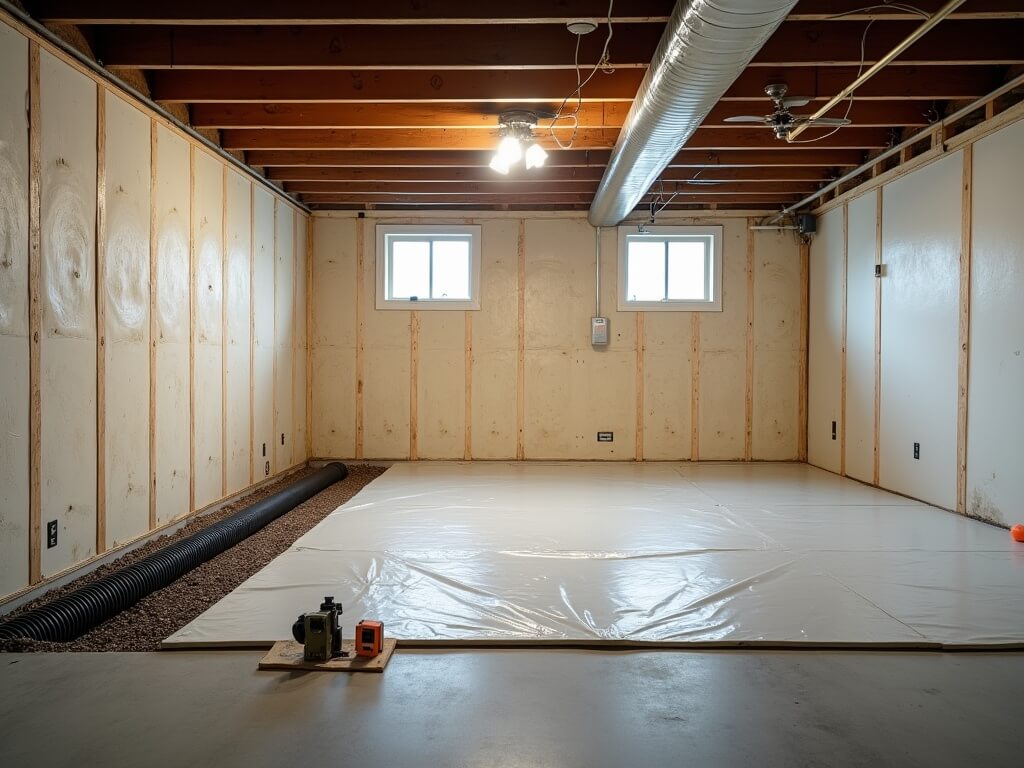 Basement in Redmond undergoing moisture control retrofit with foam insulation, polyurethane sealing, and drainage piping in progress. Tools on tarp and exposed wood joists in the ceiling visible.