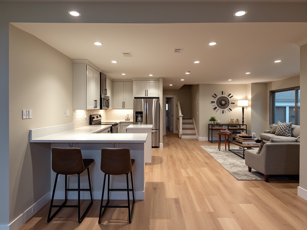Professional photograph of a fully compliant Oregon ADU basement featuring a modern kitchen with quartz countertops and stainless steel appliances, luxury plank flooring, recessed LED lighting, proper HVAC ductwork, and a code-compliant staircase.