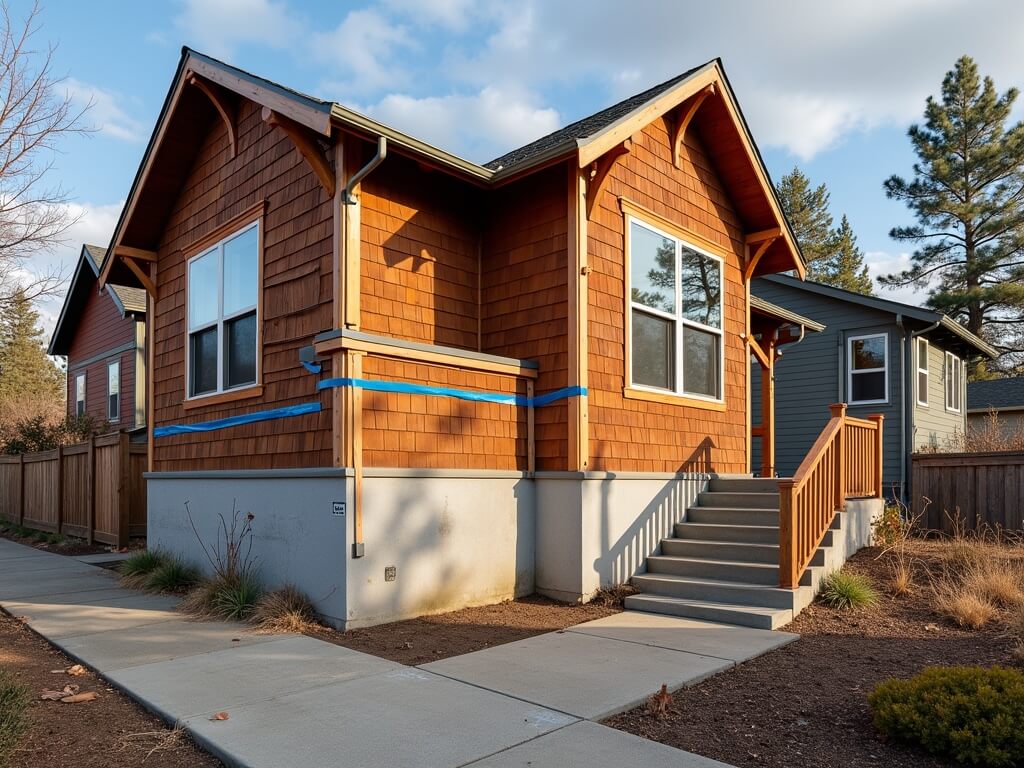 Craftsman-style older home in Northwest Crossing, Bend, Oregon, with marked proposed locations for basement ADU conversion and adjacent properties in the background, shot during golden hour.