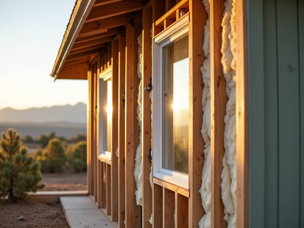"Architectural photo showing details of energy-efficient upgrades mid-renovation on a modern Central Oregon home, including exposed wall cavity with fiberglass insulation and new double-pane window installment."