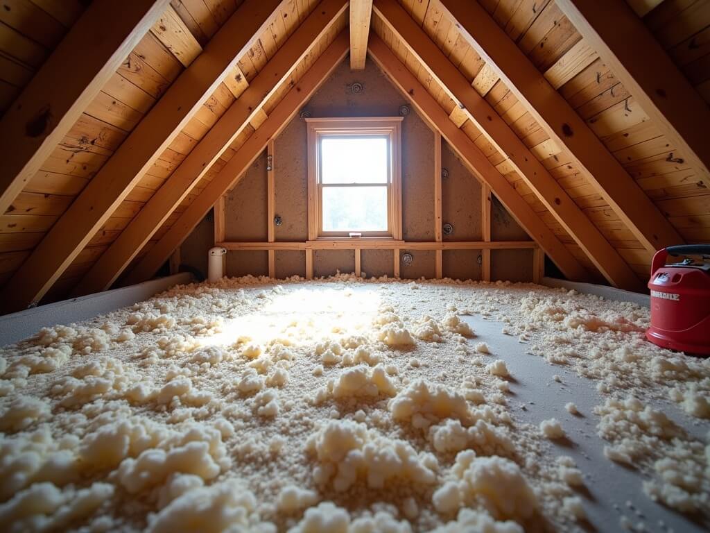 Attic undergoing energy-efficient insulation retrofitting in a Summit West home, with freshly blown-in cellulose insulation, sealed plumbing and chimney gaps, and support joists under daylight and work lamp illumination.
