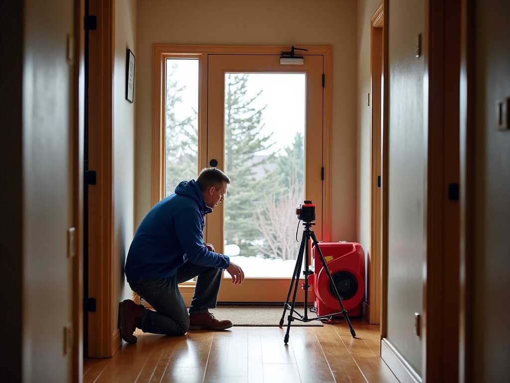 Energy auditor setting up a red blower door test apparatus at a home's front door during a professional audit, infrared camera capturing thermal leaks indoors.