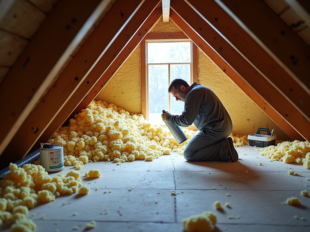 Technician in gray coveralls applying foam insulation in an older Summit West home attic during early winter morning, with visible old fiberglass batts, new cellulose insulation, and tools.