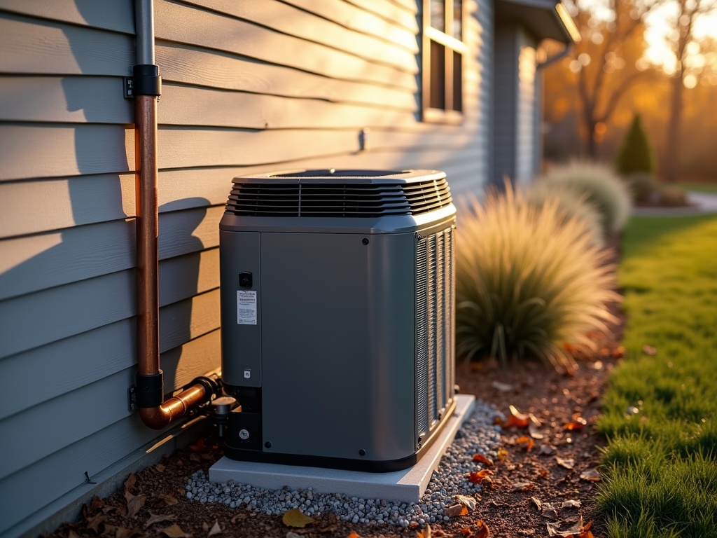 State-of-the-art cold-climate heat pump on a Summit West home at golden hour in mid-fall, showcasing fine details, warm-toned shadows, and a neat yard backdrop.
