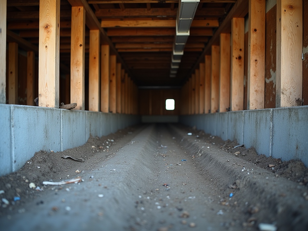 Photograph showcasing the outdated structural anchoring in the crawlspace of an Awbrey Glen home, Bend, OR, with visible untreated wooden walls, unanchored concrete foundation, and ambient blue-gray lighting.