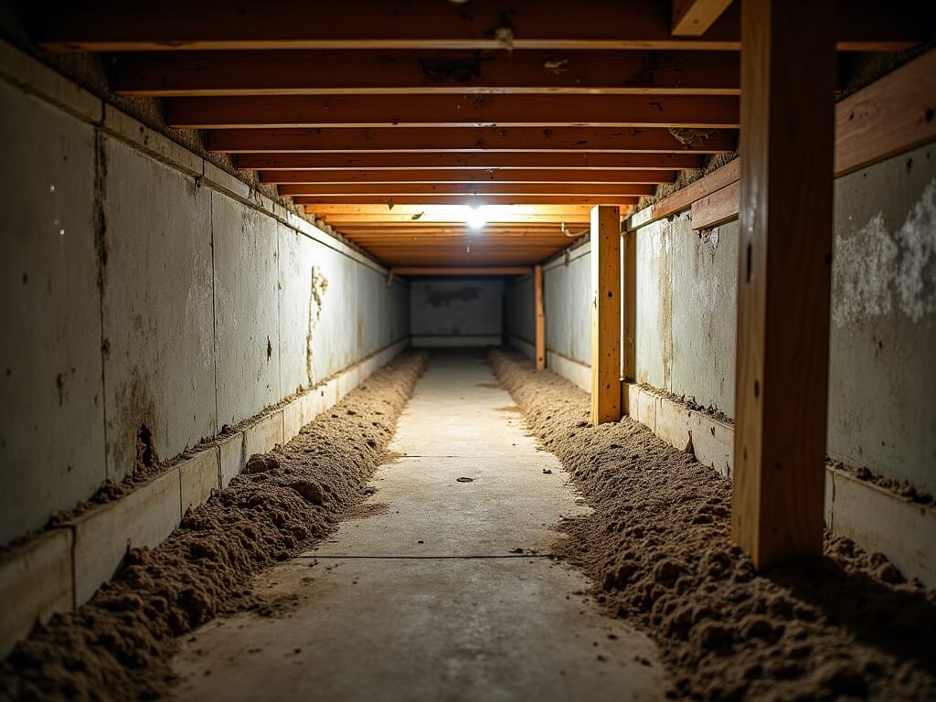 Photorealistic image of a crawlspace in an Awbrey Glen Bend, Oregon home highlighting seismic vulnerabilities such as unbolted mudsills, open-stud cripple walls and uneven support posts with visible foundation cracks, moisture stains, cobwebs, and sagging insulation.