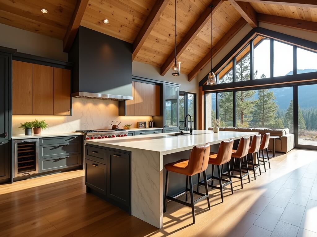 "Luxury mountain-modern kitchen with waterfall-edge quartzite island, two-tone cabinetry, professional range and panoramic desert and mountain views."