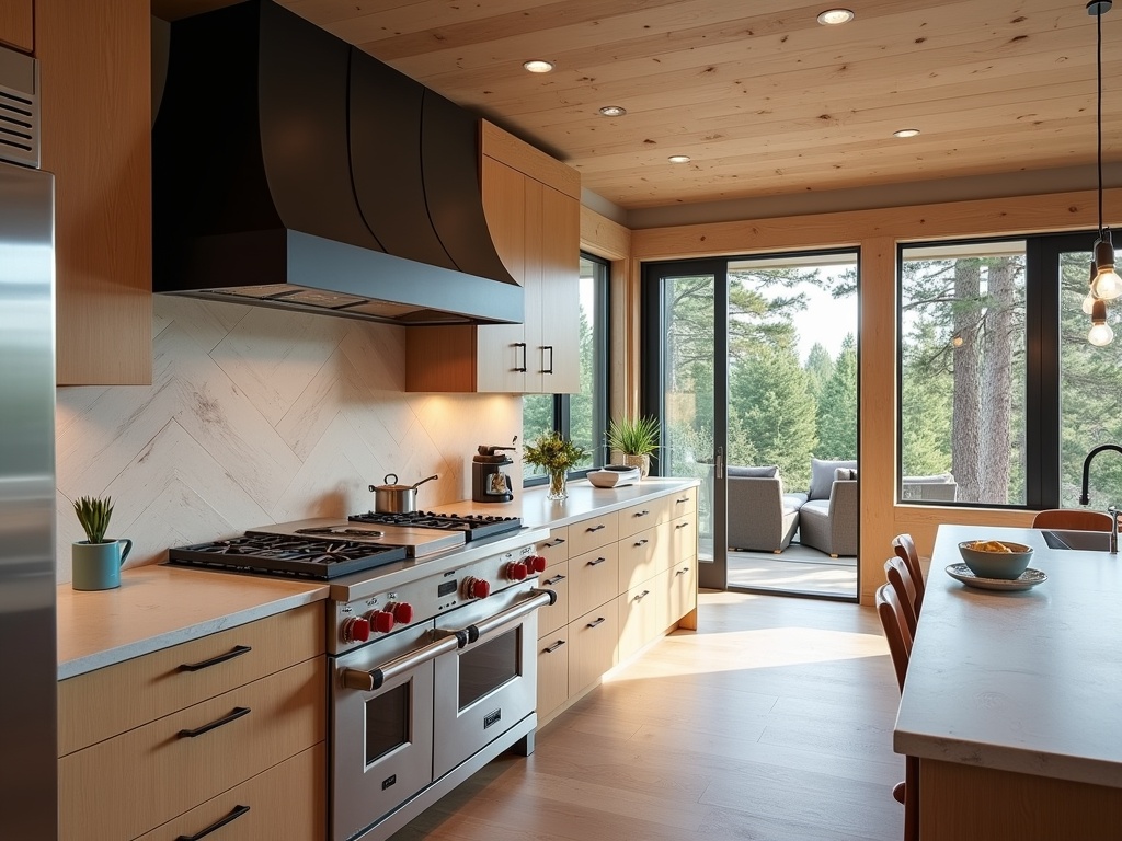 Luxury mountain-modern kitchen with white oak cabinetry, waterfall quartzite island, stainless steel dual-fuel range, and panoramic view of ponderosa pines in a Tetherow home, Bend, Oregon.