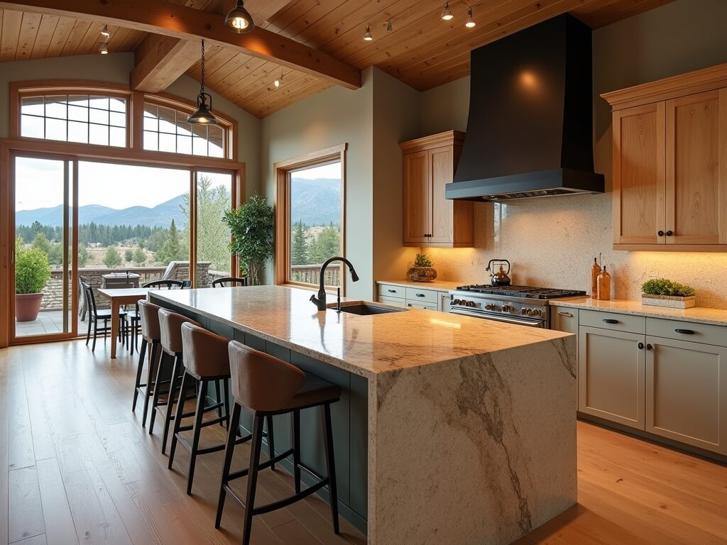 Modern luxury kitchen with vast mountain views, showcasing a large quartzite island, blackened steel hood over a Wolf range, matte olive cabinets with brass hardware, integrated appliances, and soft interior lighting.