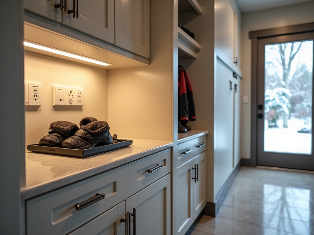 Photorealistic mudroom drying corner with built-in ventilated cabinet, boot dryer, wall vent, and multiple outlets under a lit shelf; wet gloves on rubber tray atop quartz counter, porcelain tile with slight moisture sheen, warm and cool layered lighting.