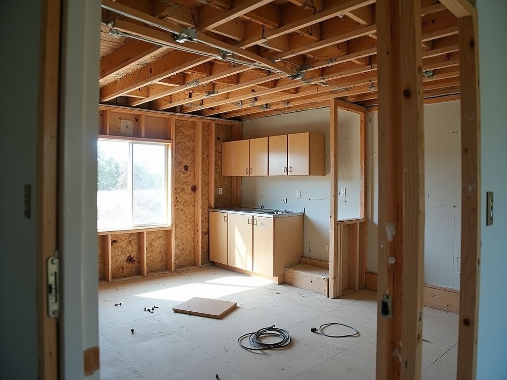 Low-angle doorway view of a partially demolished kitchen remodel with exposed studs, a temporary LVL beam on jack posts, dusty torn drywall edges, visible overloaded wiring, capped plumbing under an unfinished peninsula, and debris on exposed subfloor.