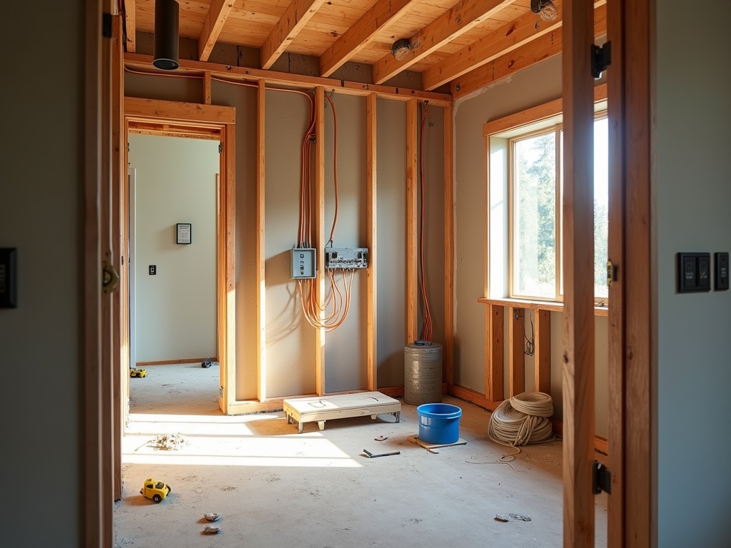 Partially demolished kitchen renovation with exposed studs, rerouted copper and PEX plumbing, new electrical boxes and NM-B wiring, recessed light housings on dusty subfloor with tools and drywall, warm late-afternoon light from window.