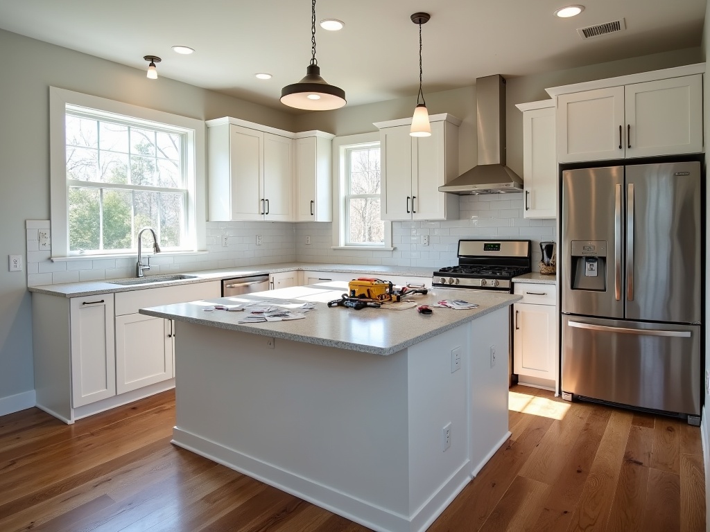 Modern kitchen remodel in progress with custom white shaker cabinets, quartz countertops, and subway tile backsplash partially installed, under natural and LED lighting.