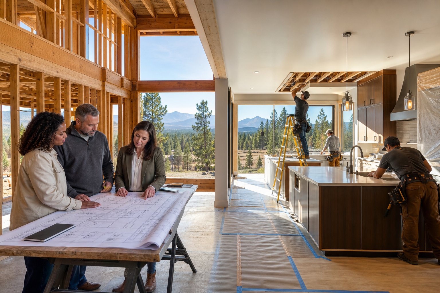 Homeowners, an architect, and contractors compare plans during a new home construction and renovation project.