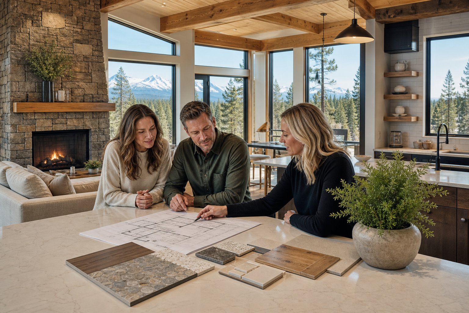Homeowners and a builder review renovation plans in a modernized Bend living space.