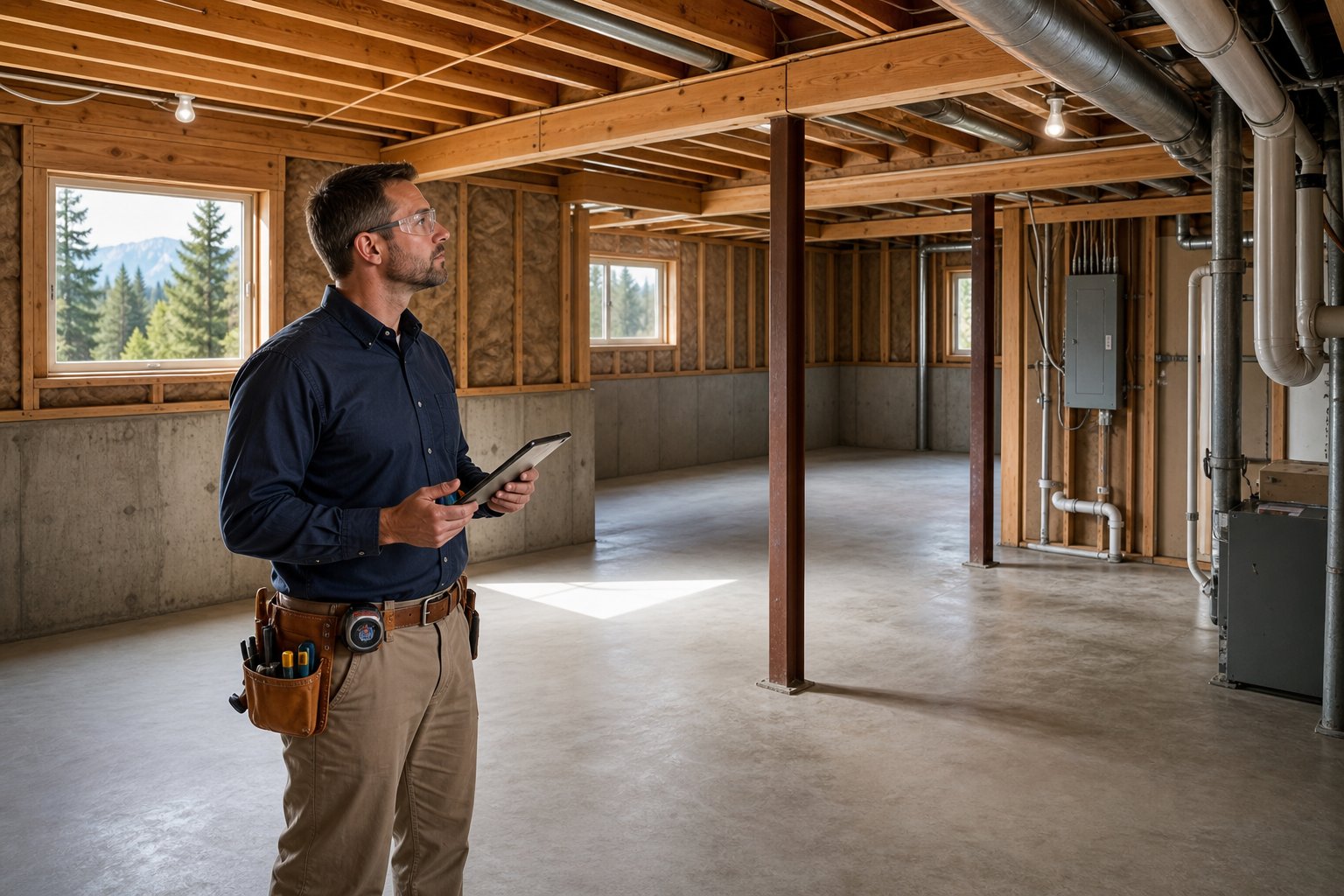 A remodeling professional inspects an unfinished basement with exposed framing, utility systems, and concrete walls.