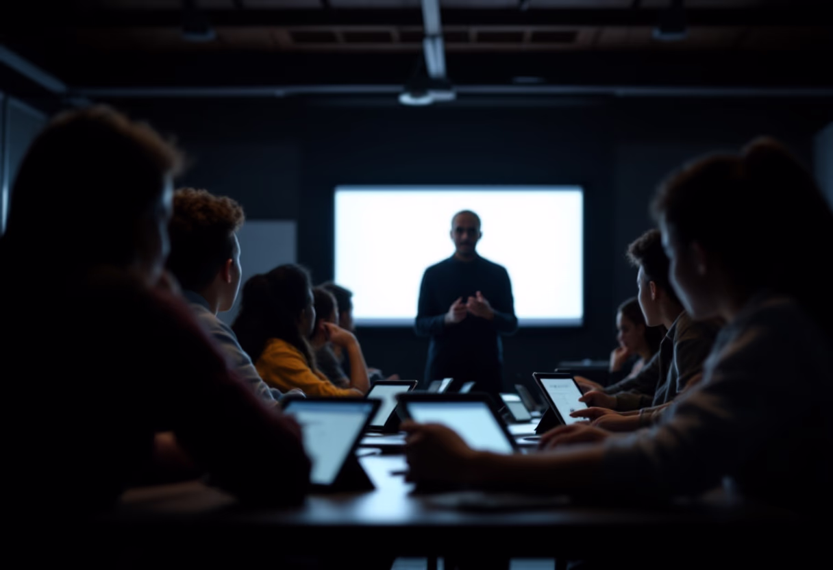 image of a teacher interacting with students using digital tools (for an edtech)
