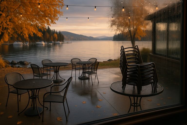 Empty lakeside restaurant patio at dusk in autumn, seen through a rain-speckled window with string lights, stacked chairs, and boats on calm Coeur d’Alene.