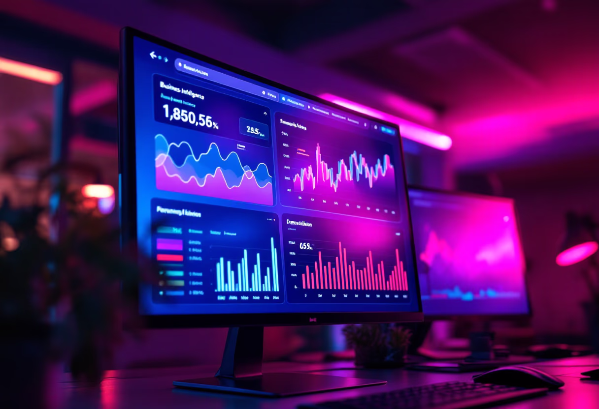 image of computer screens with data dashboards (for a data analytics and business intelligence)