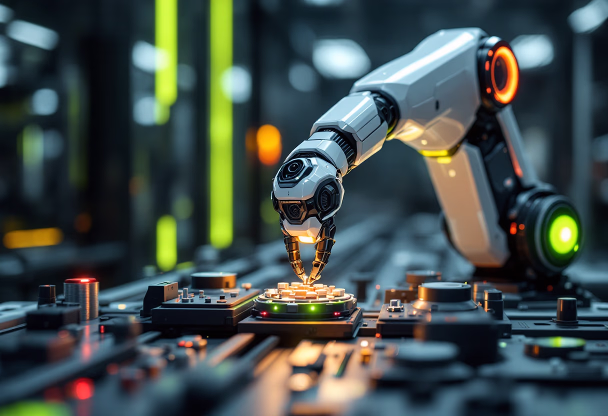 close-up of a robotic arm assembling components, manufacturing plant context