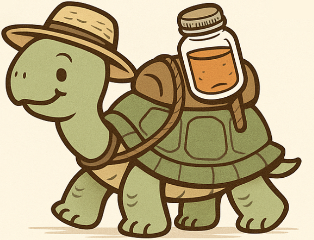 A picture of Sunny the Turtle, wearing his straw hat and carrying a mason jar.  Sunny is the mascot.