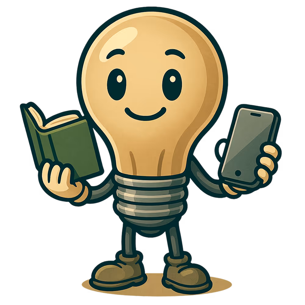 Lightbulb character holding a book in one hand and a smartphone in the other, smiling. Represents lifelong learning, blending traditional study with digital tools to stay curious and grow continuously.