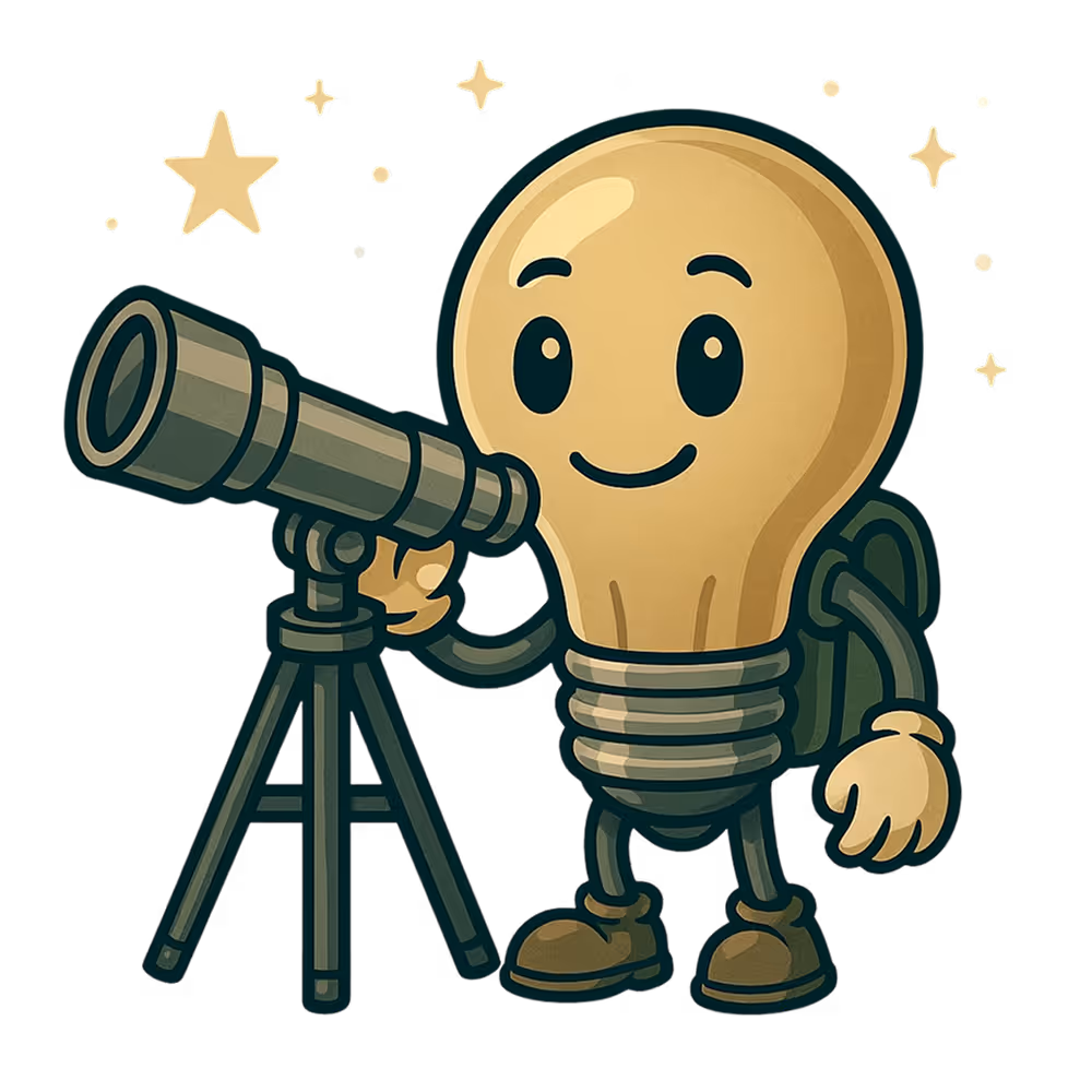 A friendly lightbulb character with a backpack peers through a telescope at the stars, symbolizing curiosity, exploration, and the journey toward discovery—even when the path seems unclear