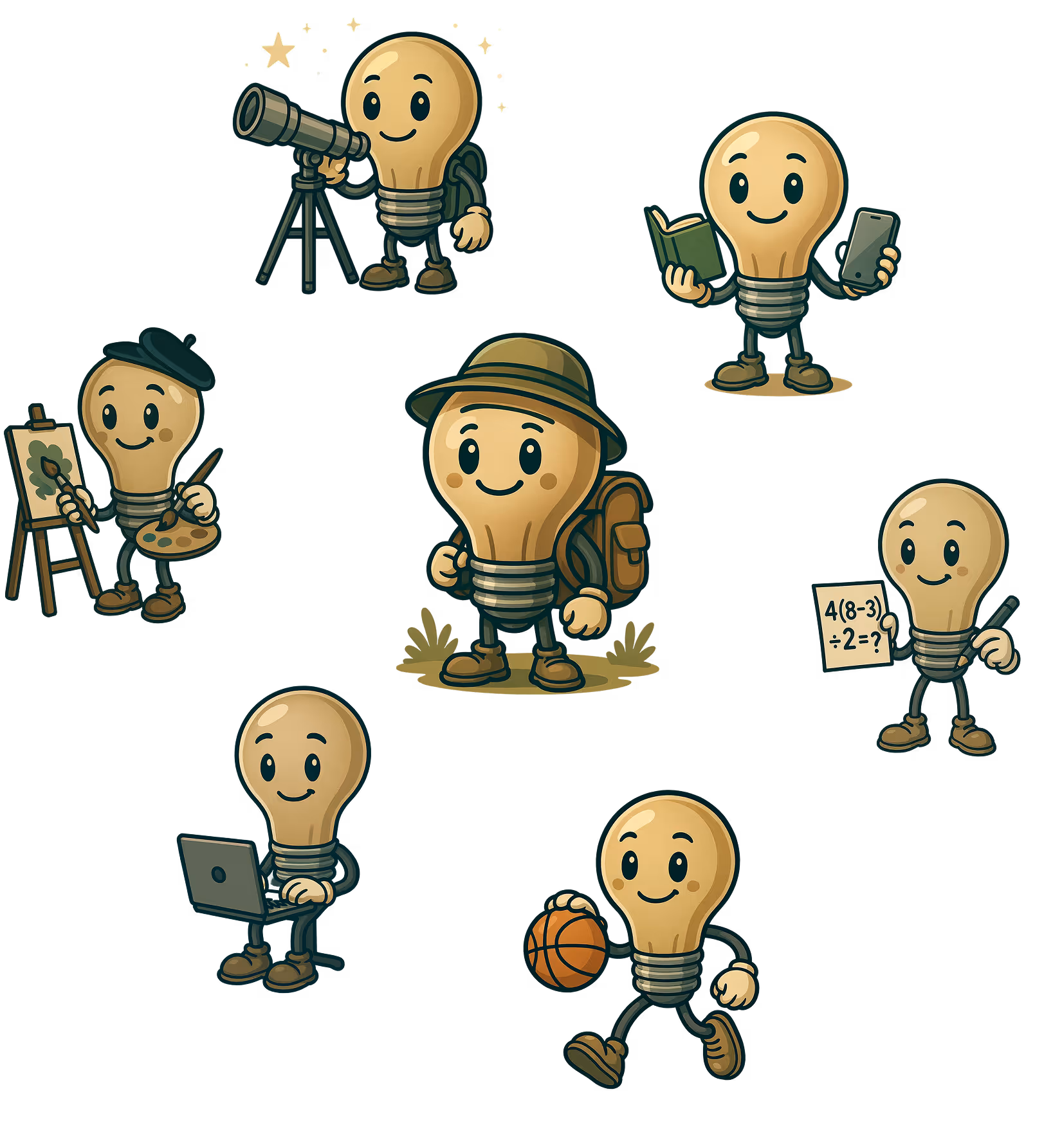 Whimsical illustration of a lightbulb character engaging in activities like exploring, painting, stargazing, reading, problem-solving, coding, and playing basketball. Set against a blue background, it visually represents curiosity, creativity, learning, and personal growth — core themes of AI-powered career and education guidance.