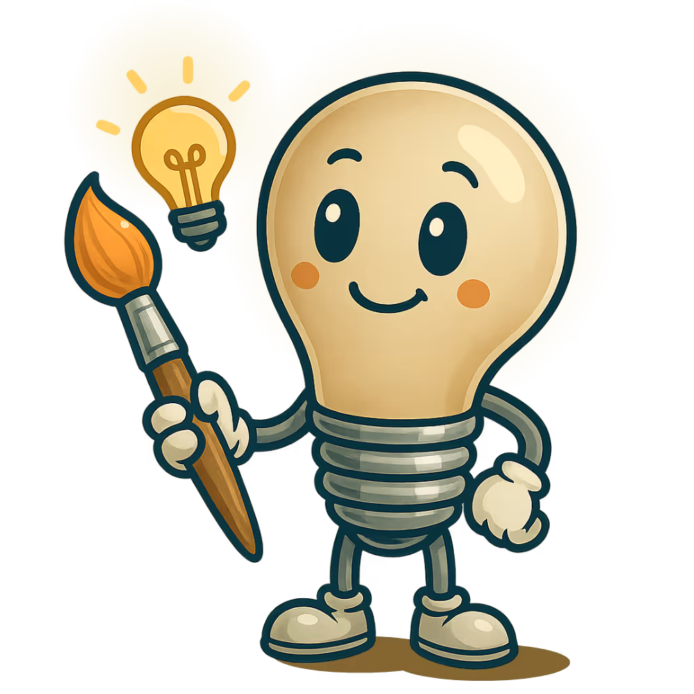Smiling lightbulb character holding a paintbrush, with a glowing mini lightbulb above it. Represents creativity, self-expression, and building a personalized life portfolio in a changing world.