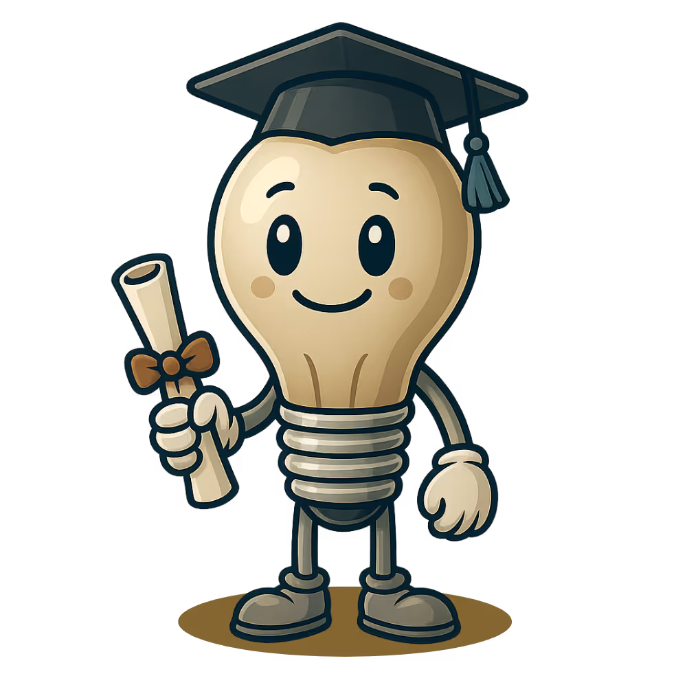 Cheerful lightbulb character wearing a graduation cap and holding a diploma scroll. Symbolizes achievement, lifelong learning, and the pursuit of higher education as a key milestone in a personal growth journey.